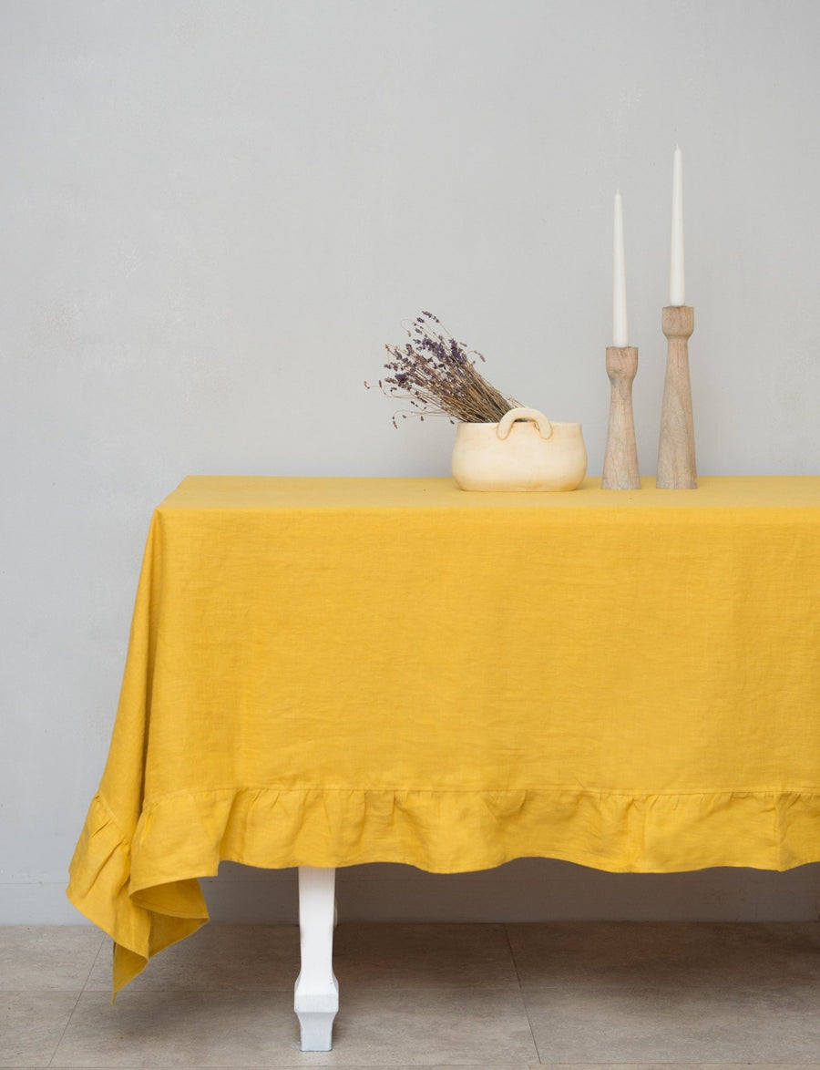 Honey linen tablecloth with ruffles - Linen Couture