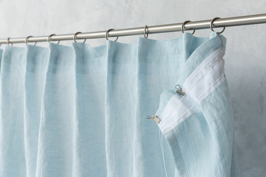 Baby Blue linen curtain with pleating tape and crown - Linen Couture Boutique