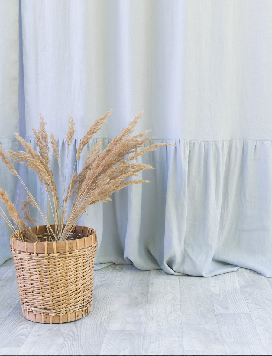 Light Grey linen curtain with ruffles, rod pocket - Linen Couture