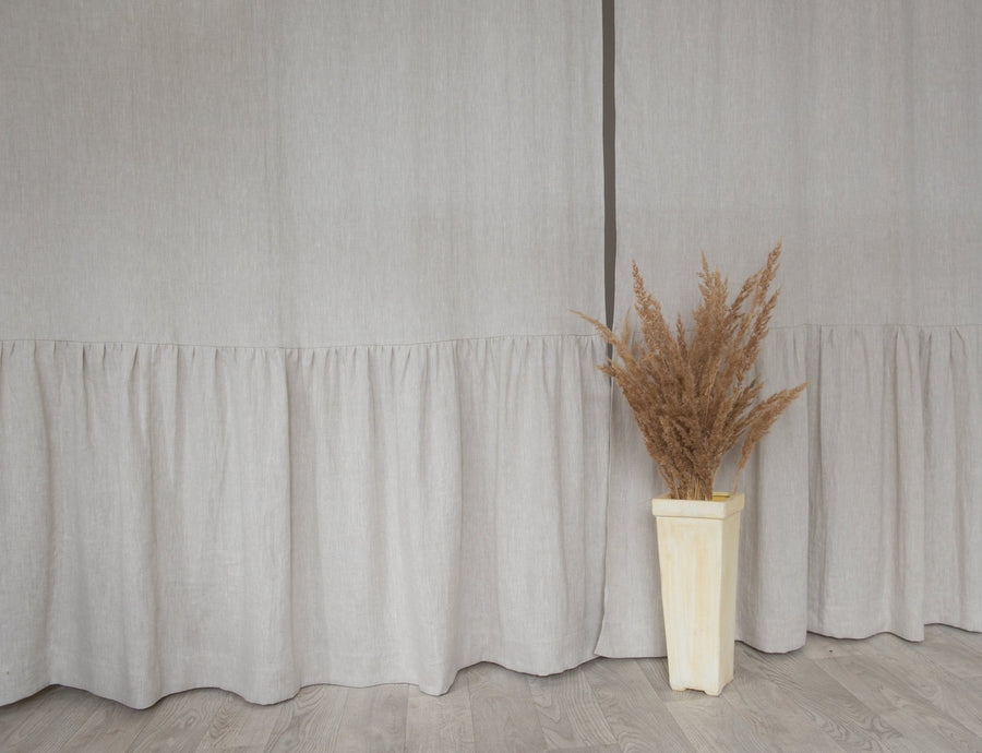 Light Grey linen curtain with ruffles, rod pocket - Linen Couture