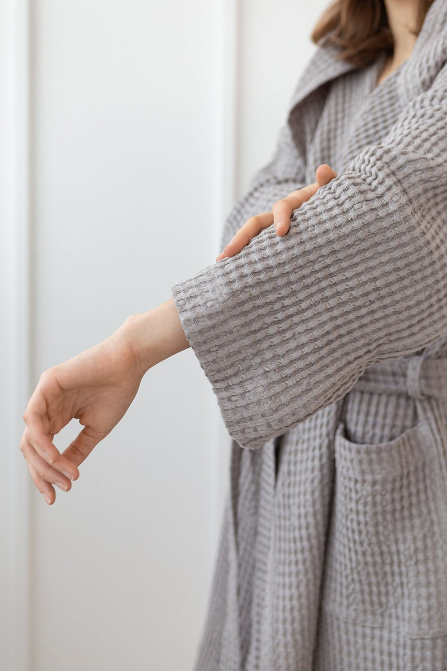 Light grey linen waffle robe with hoodie - Linen Couture