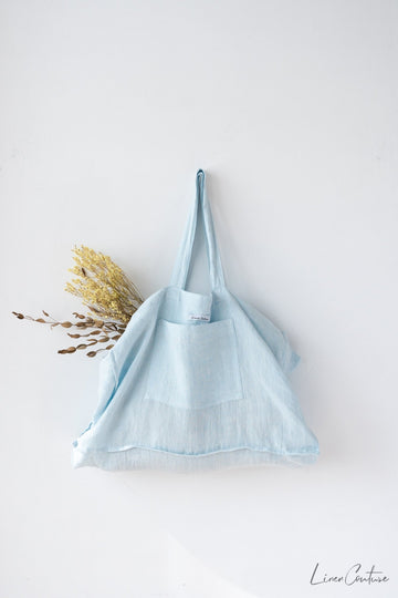 Linen beach bag with pocket and zipper in Baby Blue - Linen Couture