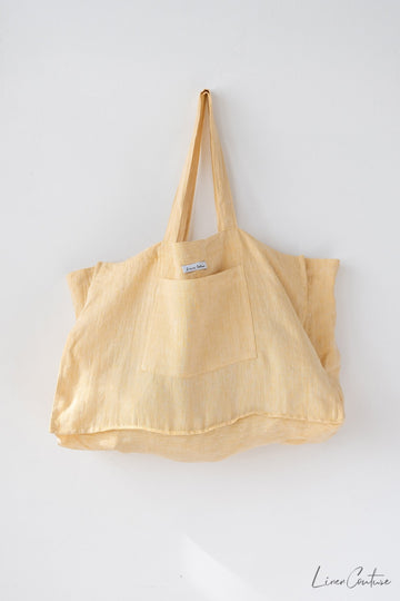 Linen beach bag with pocket and zipper in Canary Yellow - Linen Couture