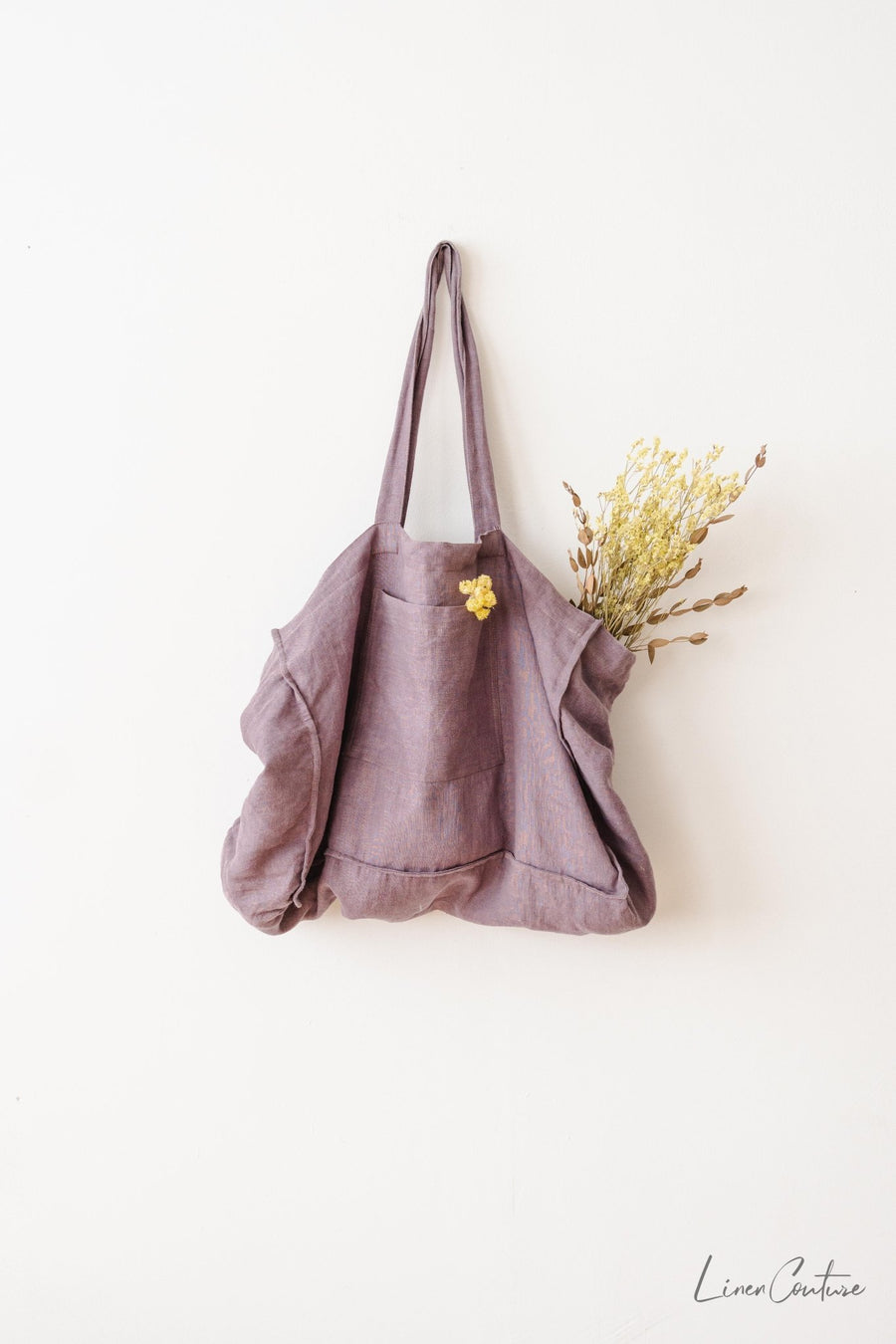 Linen beach bag with pocket and zipper in Pastel Plum - Linen Couture