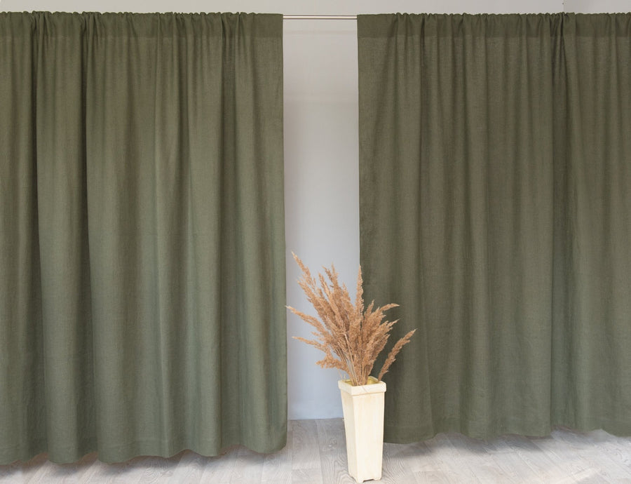 Moss Green linen curtain with rod pocket - Linen Couture