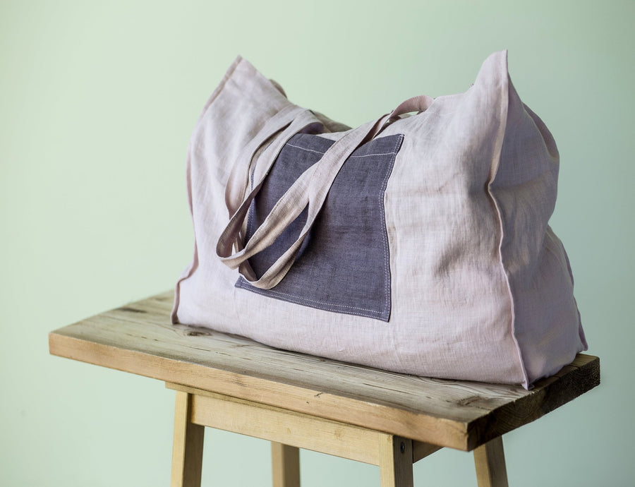 Pale Pink linen beach bag with two tones - Linen Couture