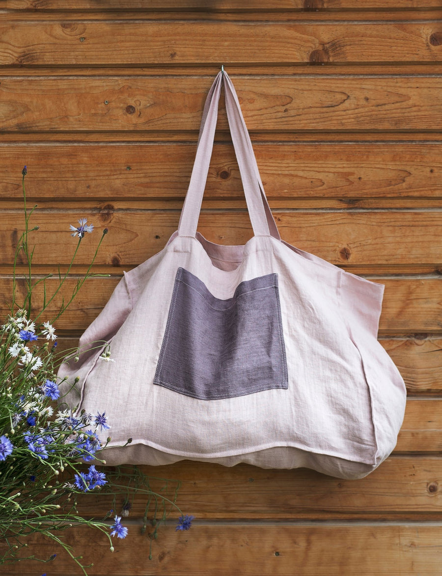 Pale Pink linen beach bag with two tones - Linen Couture