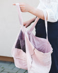 Pale Pink linen beach bag with two tones - Linen Couture