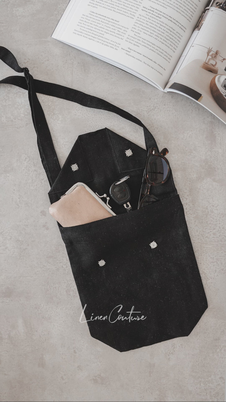 Black Linen Shoulder Bag with Coconut Buttons and Adjustable Strap