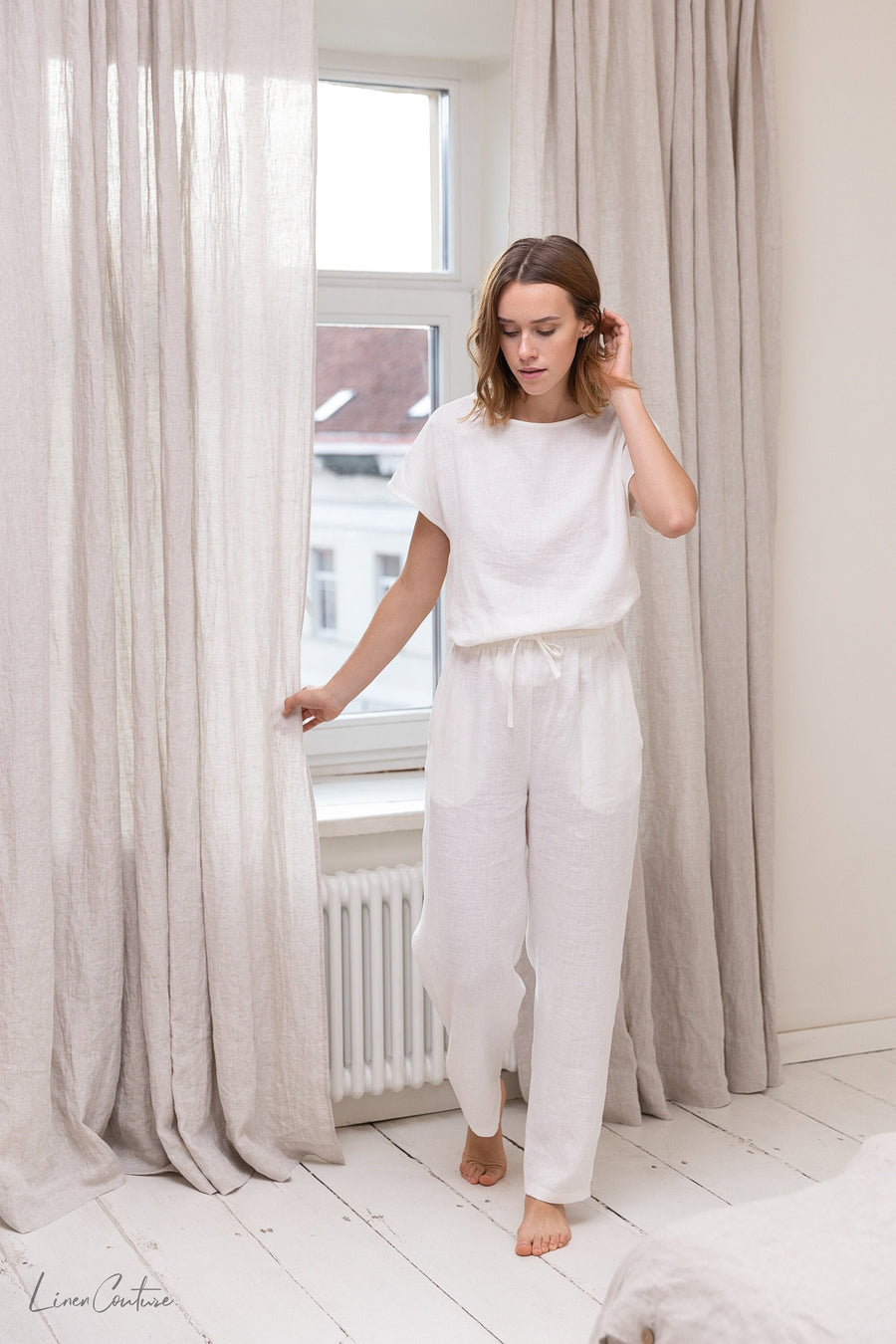 White linen / Natural Linen Pajama set / Linen loungewear / Linen slee –  Linen Couture